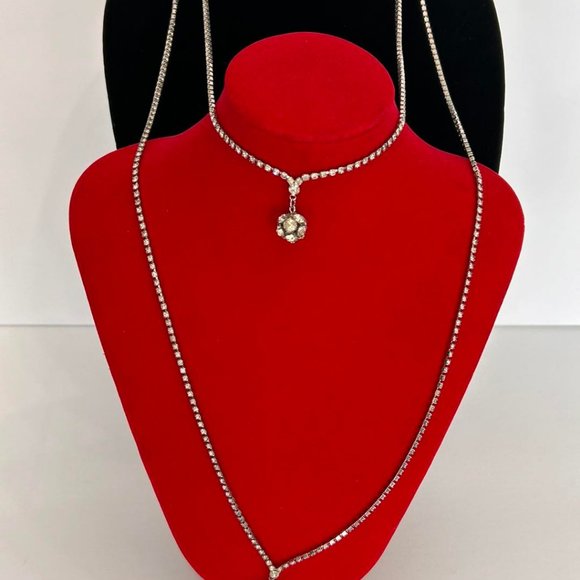 2pc. Silver tone/Long and Short Layered Rhinestone Necklace and Clip Earring set - Picture 2 of 10